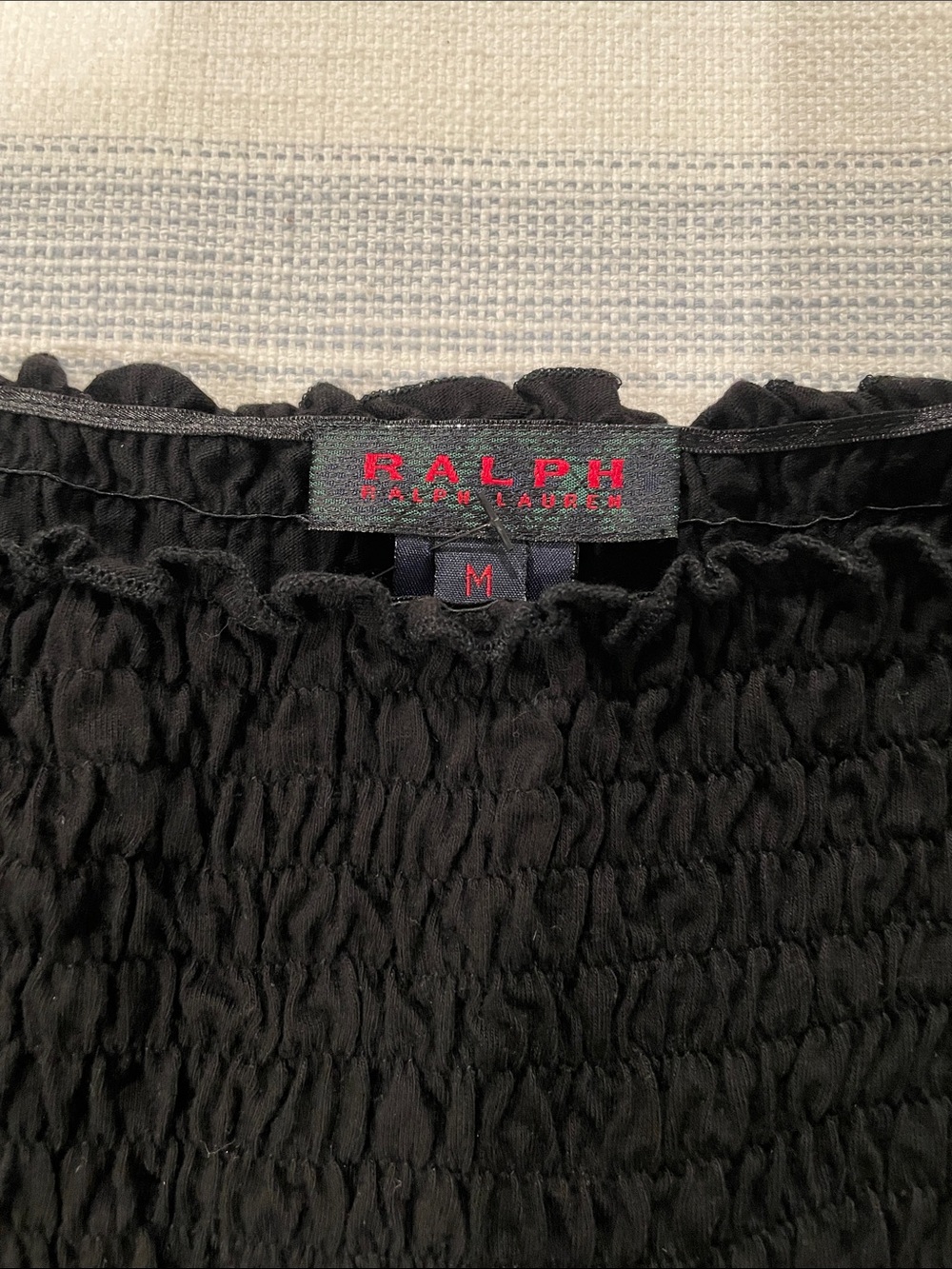 Ralph Lauren Black Label Black Long-Sleeve Smocked Off-Shoulder Top